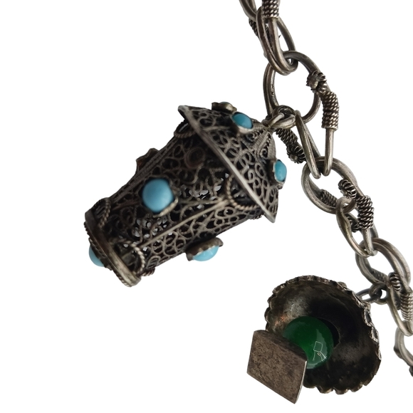 Vintage Entruscan Rare 5 Charm Bracelet 800 Silver Antique Blue Castlecore - Picture 10 of 12